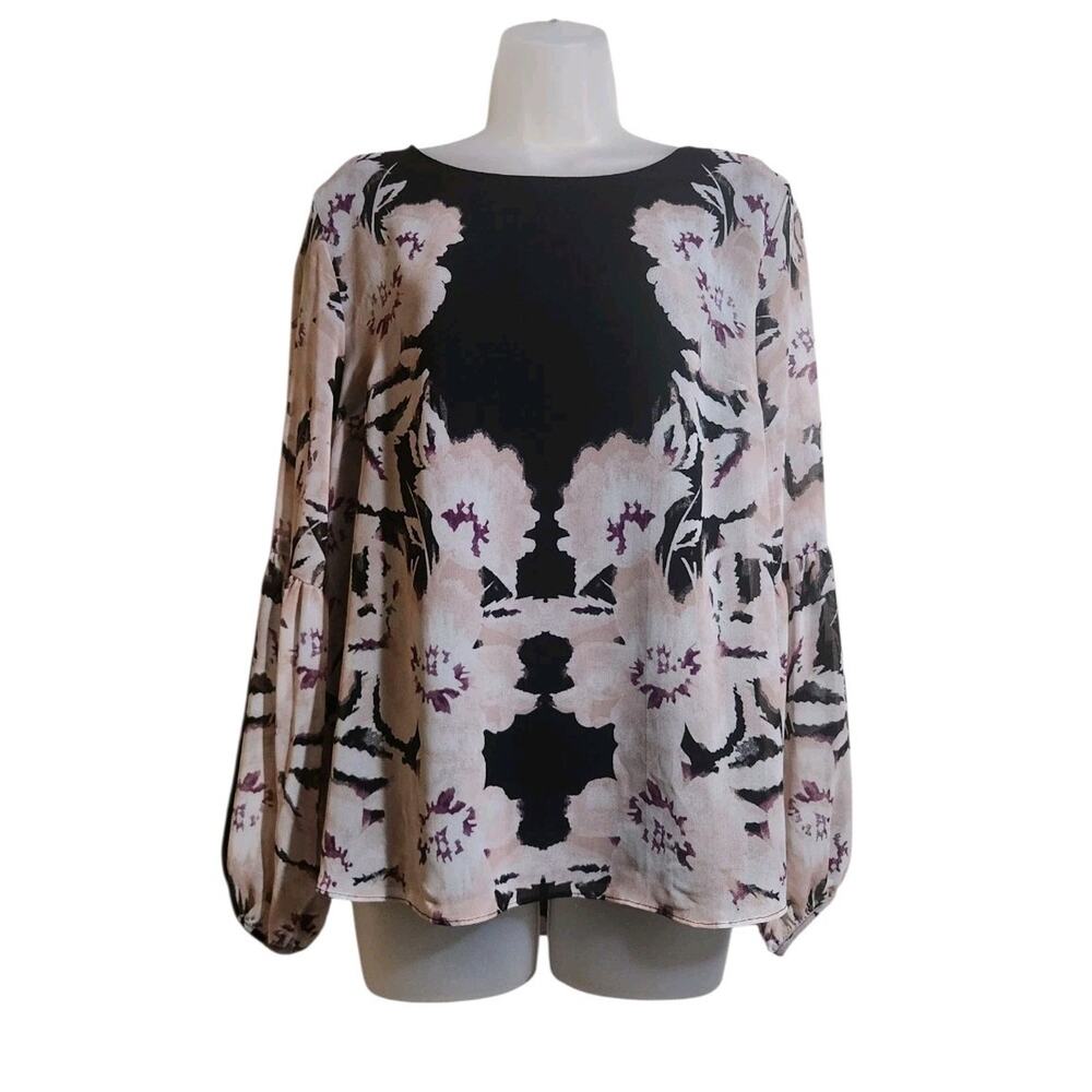 Calvin Klein Women's M Floral Chiffon Blouse Peasant Top Black Long Flowy Sleeve